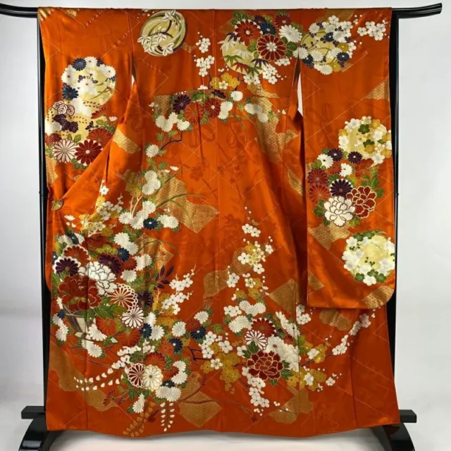 JAPANESE KIMONO FURISODE LONG SLEEVES LADIES WOVEN SILK 100% EMBROIDERY 165cm