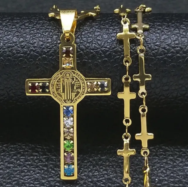 Gold St Saint Benedict Cross Pendant Necklace Protection Medal Crucifix F13