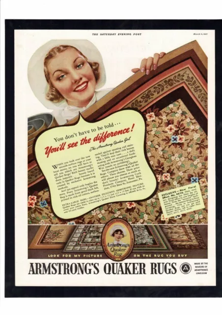 Vintage 1937 Armstrong's Quaker Rugs Carpet Mennonite Lady Woman Ad Print