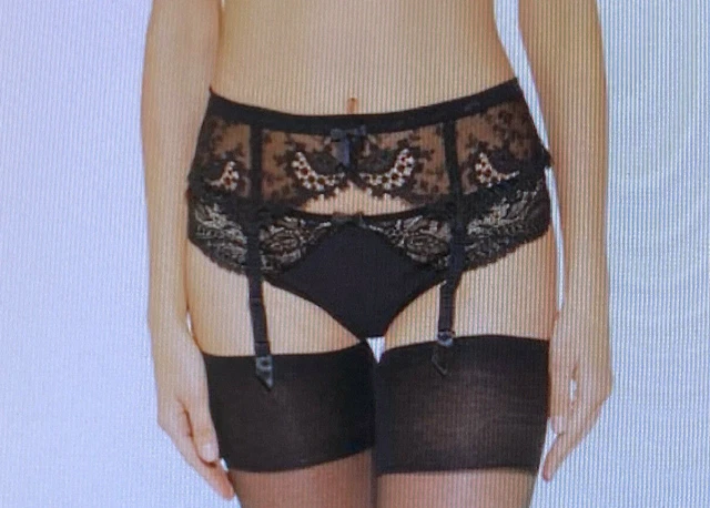 1121 Simone Perele Size 3 Black Sheer Lace Embroidered Suspender Belt Garter