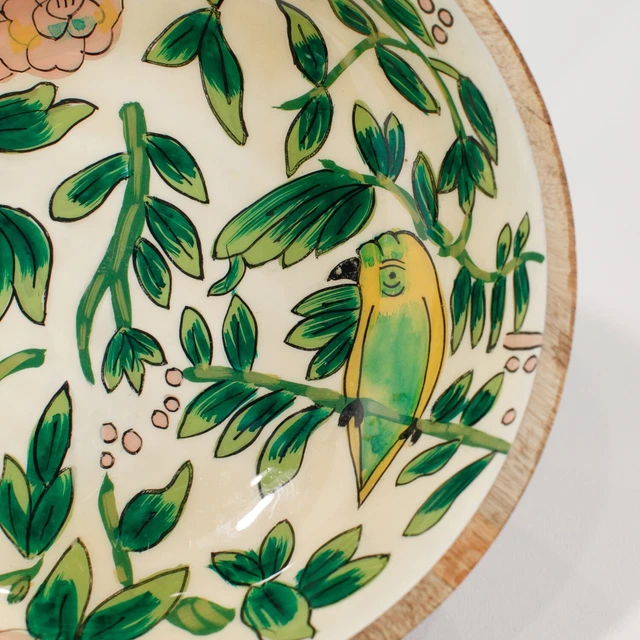 OpalHouse Mango Wood Lacquered Parrot Tropical Serving Bowl Hand Painted 10"Wide 2