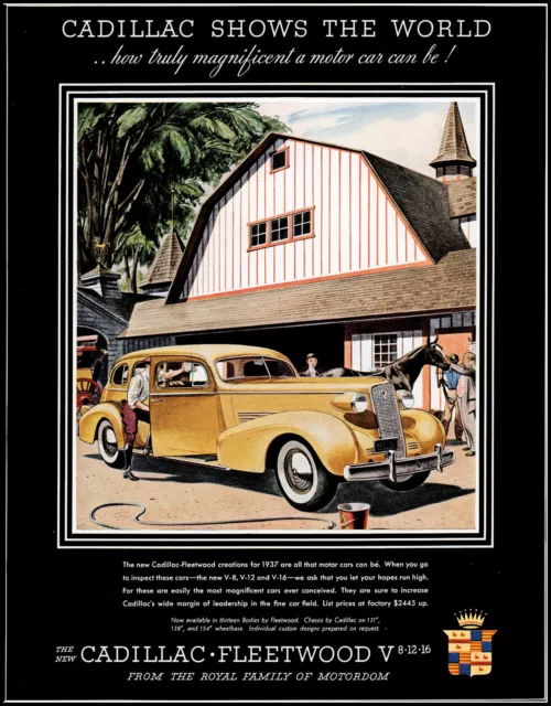 1937 Cadillac Fleetwood Car V8*12*16 Barn Horse vintage art print ad XL10