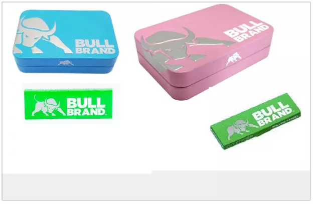 BULL BRAND TOBACCO TIN Embossed 1oz & BULL BRAND  Regular Booklet PINK-BLUE RARE