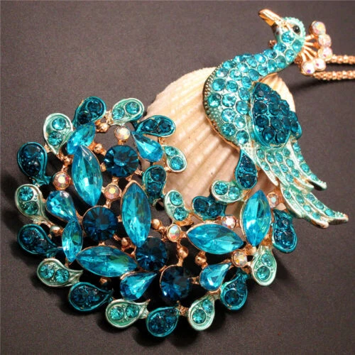 New Betsey Johnson Blue Crystal Peacock Bling Animal Necklace Sweater Chain 2