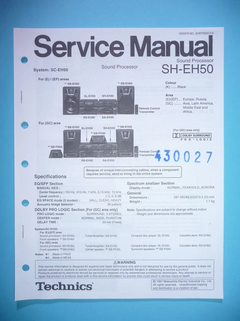 SERVICE MANUEL D'INSTRUCTIONS pour Technics SH-EH50, Original EUR 10,60 ...