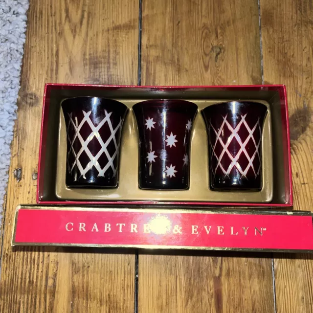 Crabtree & Evelyn Cranberry Glass Carved Star & Diamond Candle Set