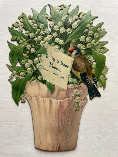 1890's Advertising Die Cut Trade Card for Stultz & Bauer Pianos Bird w/ Flowers 1890's Advertising Die Cut Trade Card for Stultz & Bauer Pianos Bird w/ Flowers