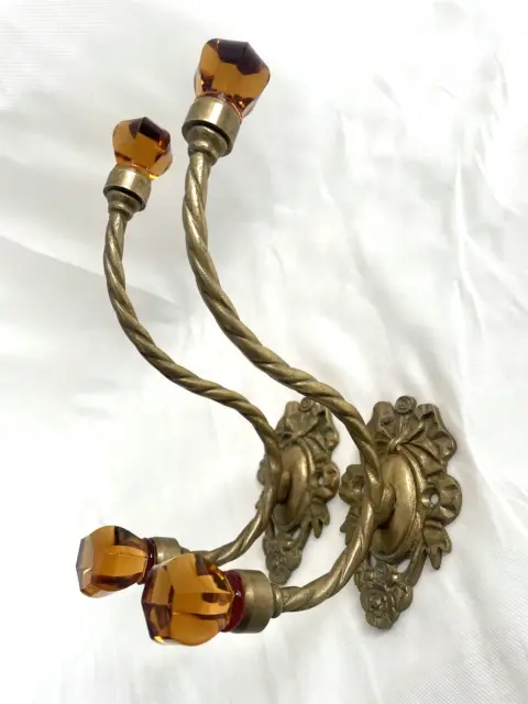 Pair 2 Antique Victorian Ornate Amber Glass Brass Hook Coat Hanger Wall Hardware