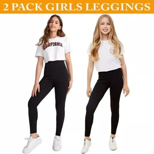 Ragazze Leggings Neri 2 Confezione Bambini Scuola Cotone Lungo Tutte le Età