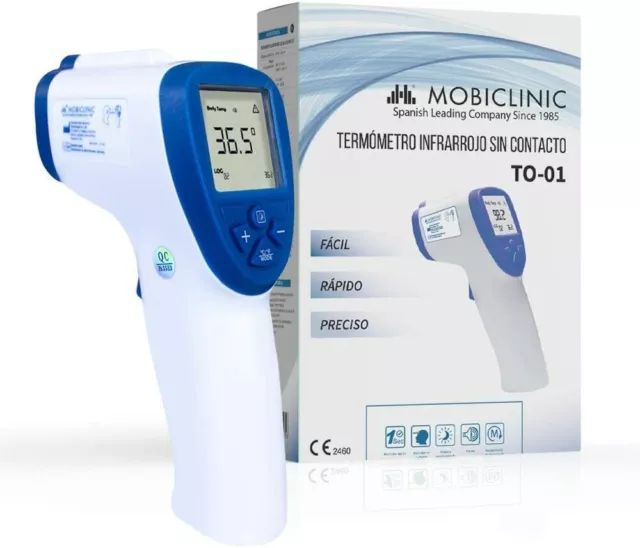 Mobiclinic Termometro infrarrojos sin contacto, de frente, alarma de fiebre, LCD