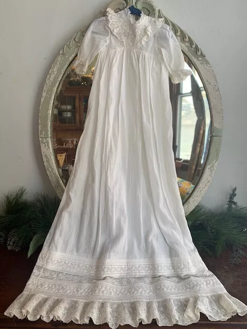 Antique VICTORIAN Edwardian CHRISTENING Baptism Cotton Lace GOWN Dress LONG Old