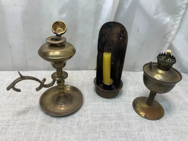 3 Piece Antique Brass & Metal Oil Kerosene Lamp Lantern & Candle Holder Germany