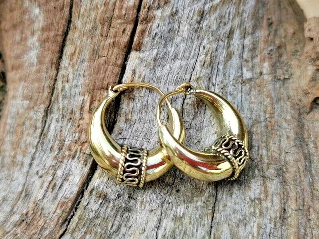 Large Gold Plated Vintage Afghani Brass Hoops Boho Tribal Mandala Spiral Earring