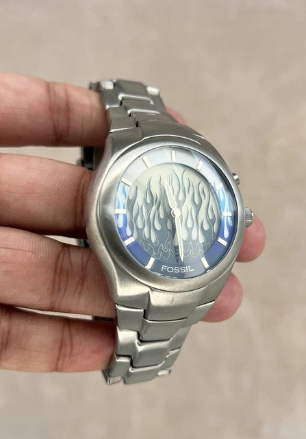 Y2K FOSSIL BIG Tic JR-8122, Animated Black Watch, Steel Band, Box