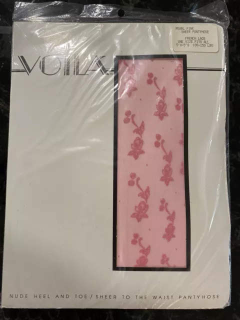 Vintage Voila Pantyhose 1983 Pink Floral Sheer Nude Heel French Lace One Size