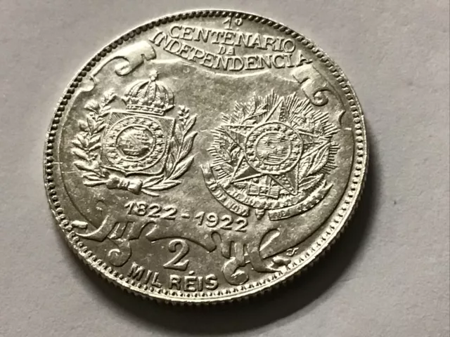 1822-1922 Brazil  2 Mil Ries 100 Year Independence Centennial Silver Au-Bu Rare 2