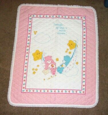 Care Bears Quilt Blanket Wall Hanging Vintage Pink White Clouds Lace Trim 44x35