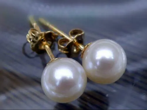 14k Yellow Gold AAAA 8-9mm South Sea White Round High Luster Pearl Stud Earrings