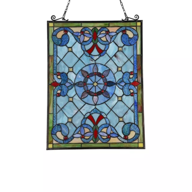 25" Tiffany Style Stained glass Victorian Blue Floral hanging Window Panel