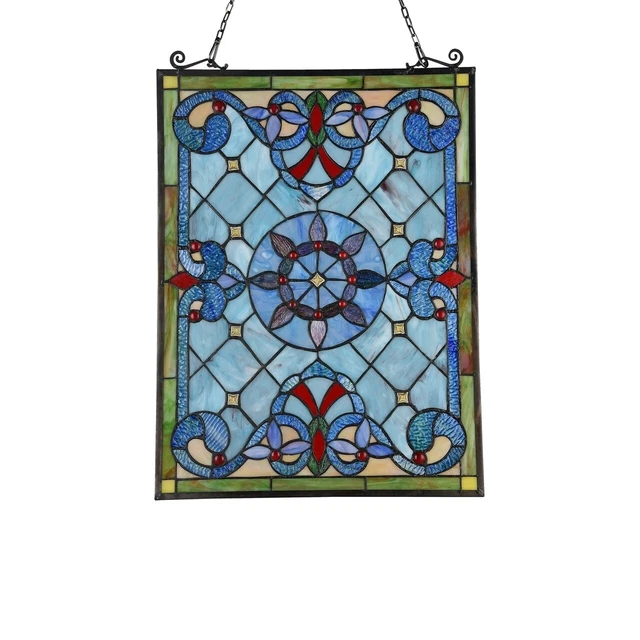 25" Tiffany Style Stained glass Victorian Blue Floral hanging Window Panel