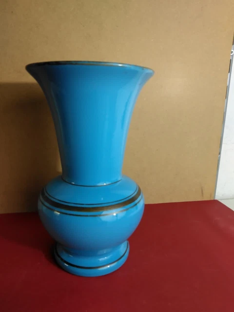 Vase En Opaline Bleue Lisere Or  Hauteur 24,5 Cm French Antique
