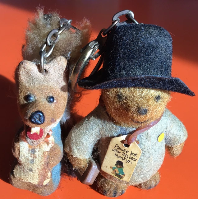 2 Vintage 1970s Paddington Bear Basil Brush Miniature Flocked Keyrings HCF Retro