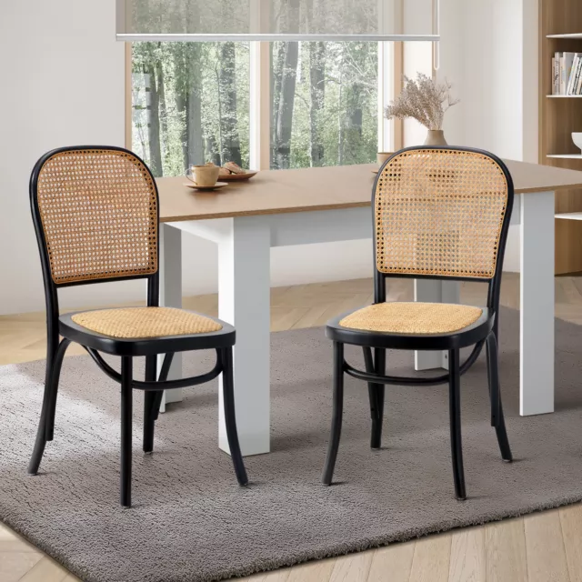 Oikiture 2PCS Dining Chairs Wooden Chairs Rattan Accent Chair Black