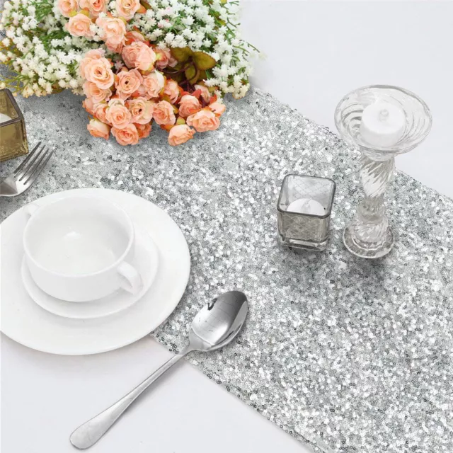 TtS Silver Glitter Sequin Table Runners Cover 12"x108" Shiny Sparkly Wedding