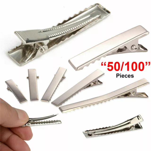 100X 200X Lot Small Medium Silver Crocodile Alligator Bow Blank Hair Clips Woman