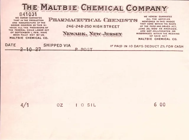 The Maltbie Chemical Co. 1927 Pharmaceutical Newark NJ Purchase Order Receipt