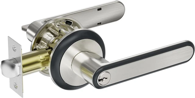 BAOLONG Brushed Nickel Door Knob with Lock Storm Door Handle,Round Keyed Entry D