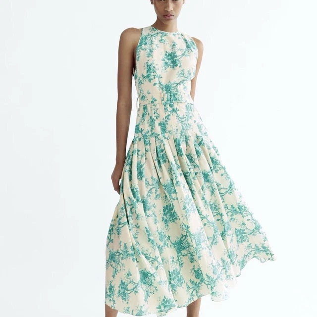 turquoise green dress zara Zara Green Floral Print Open Back Midi Dress (Removable Feather Cuff  included) main image 0