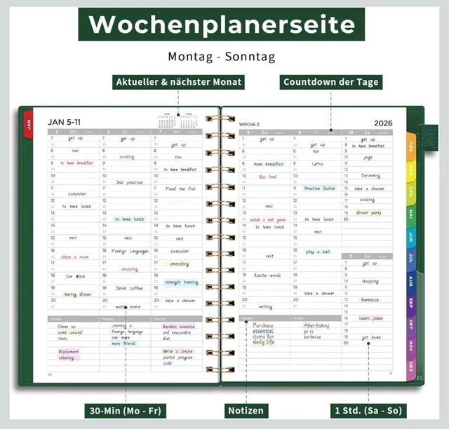 Produktbild von WallDeca Terminplaner 2026 – Studienplaner A5, Wochen- & Monatsübersicht, Spiralbindung, Schwarz