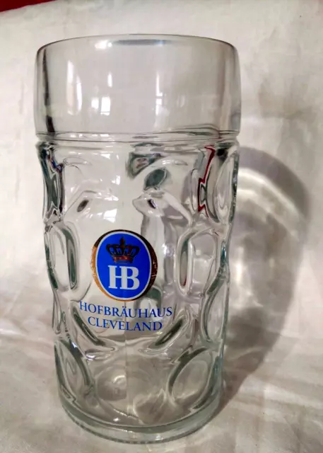 VTG Beer Stein German Mug HUGE Heavy Duty Clear Glass 1L Hofbrauhaus Cleveland