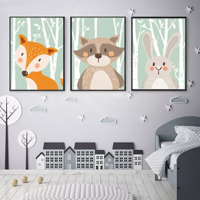 Poster Bilder Kinderzimmer Fuchs Hase Waschbär Wald 3er Set Kinder Deko A4 neu