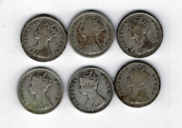 6 x silver 10c coins from Hong Kong 1887 1888 1889 1891 1897 1898 : 15.7g