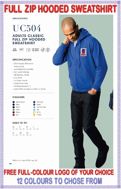 Heavyweight Full Zip Personalised Work Wear Hooded Tops. FREE EMBROIDERED LOGO!