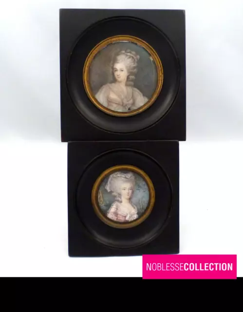 2 ANTIQUE 19th CENTURY FRENCH MINIATURES HAND PAINTED GOUACHE WOMEN PORTRAITS