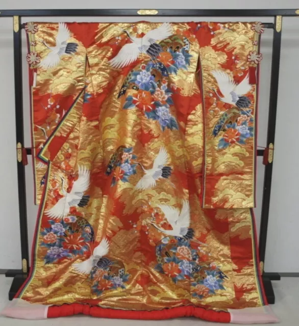 Japanese Kimono Uchikake Luxurious Wedding Pure Silk Red/Orange Crane japan