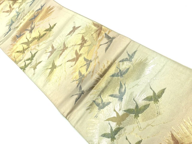 10761# Japanese Kimono / Vintage Fukuro Obi / Woven Cranes & Pine