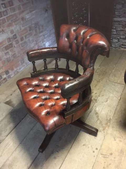 Chesterfield office Captains Chair In Antique Tobacco Brown Leather & Mahogany