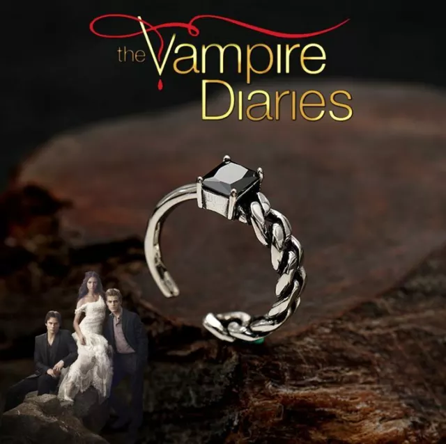 Vampire Diaries, Elena Gilbert Black Onyx Antique Silver Gothic, Adjustable Ring
