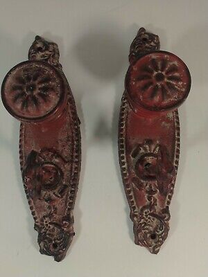 2 Cast Iron Decorative Door Knob Handle Pull Red Antique Patina