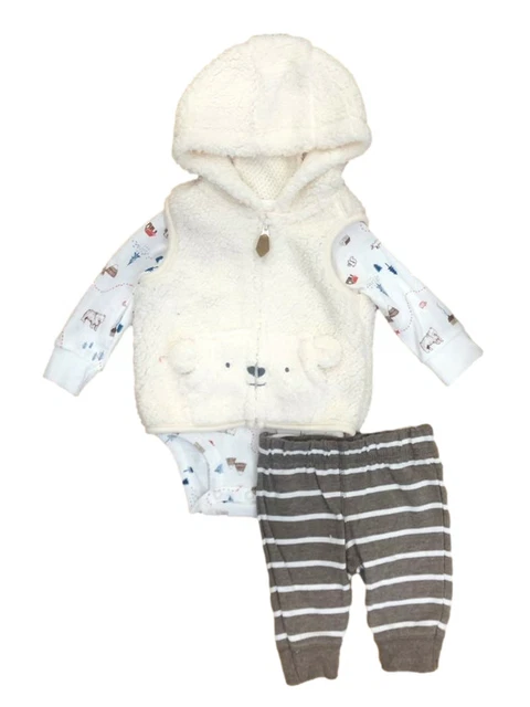 Carters Infant Boys 3pc Zip Sherpa Bear Vest Woodland Bodysuit & Pants Set 3m