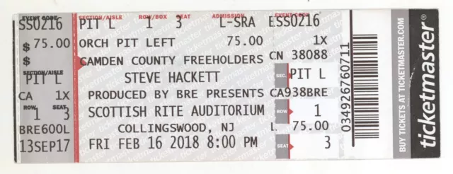 Steve Hackett 2/16/18 Collingsworth NJ Rare Ticket! Genesis