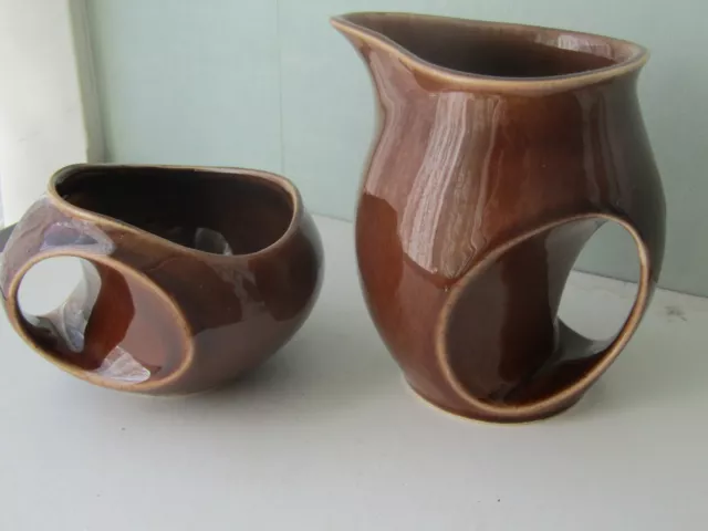 RETRO ENGLISH 1960/70s  HOLKHAM POTTERY BROWN OWL EYE SUGAR BOWL & MILK JUG SET