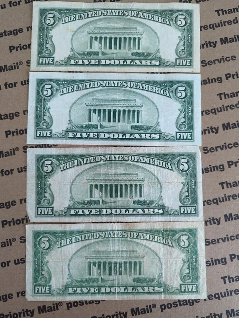 1934-A, B, C, D $5 Dollar Blue Seal Silver Certificates lot of 4. 2
