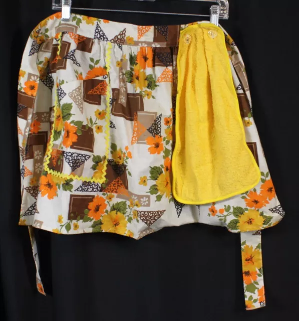 Vtg Retro Half Apron Mid Century Modern Eames Floral Orange Gold Avocado Towel