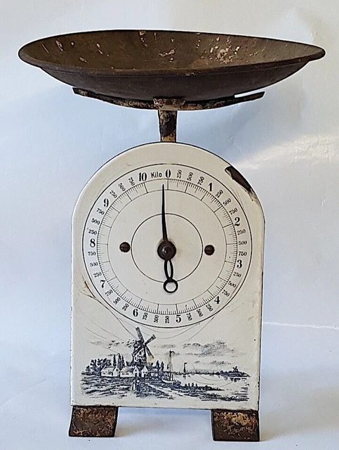 Alte Küchenwaage DRGM Emaille Skala Windmühlen und Bauernhof szenen mit Teller