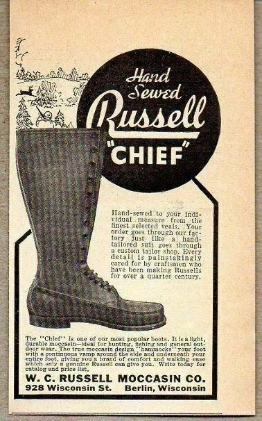 1937 Print Ad Russell Hand Sewed Chief Hunting & Fishing Boots Berlin,WI
